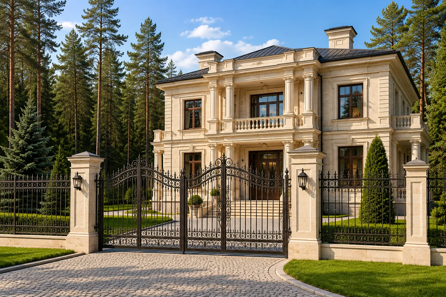 Загородный дом с классическим каменным фасадом